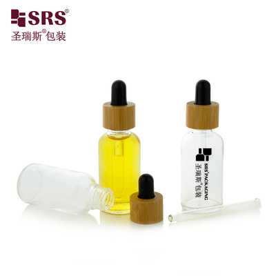 1 OZ lege heldere transparante glazen essentiële olie Luxe bamboe schouderdruppelfles 30 ml