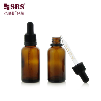 D003-1 Ambergroene ronde glazen fles met een ononderbroken dropperdeksel voor parfum-etherische olie