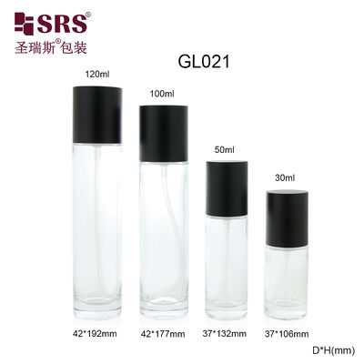 GL021 30ml 50ml 100ml 120ml Clear Mold Glass Lotion Pump Flasje Met Zwarte Cap Op maat